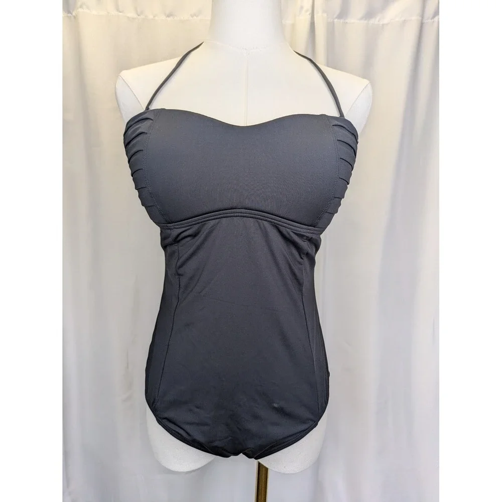 Tommy Bahama One Piece Swimsuit Women 10 Black Halter Ruched Sweetheart‎ Padded